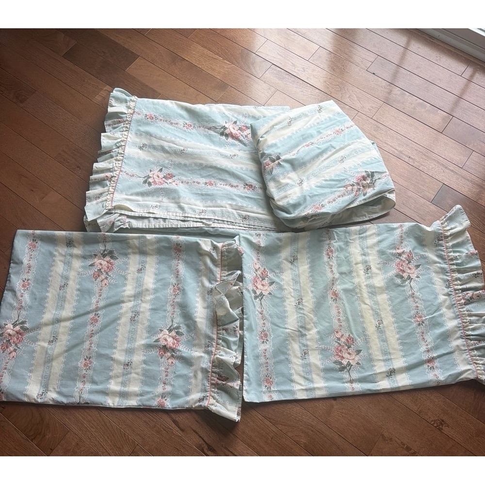 Vintage Floral Stripe Pillowcases Fitted  Flat Sheet Set JC Penney Percale Full